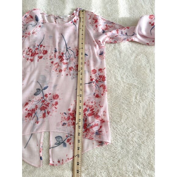 LC Lauren Conrad Blouse Size S Pink Floral Asymmetrical Bell Sleeve Pullover - Picture 10 of 11